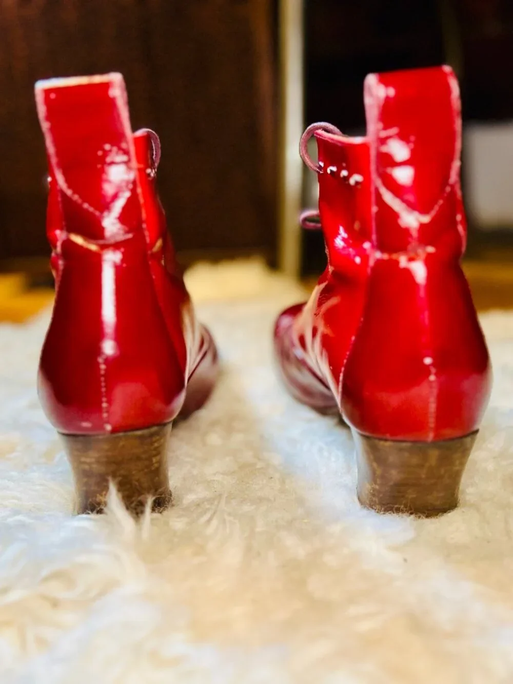 John Fluevog Bartoli Wine Patent Leather Lace-Up Ankle Boots Women's 8